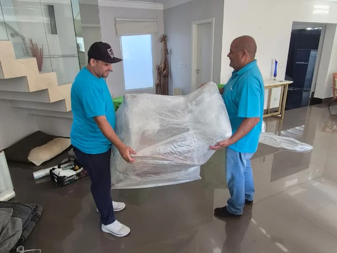 Equipe movimentando móvel protegido