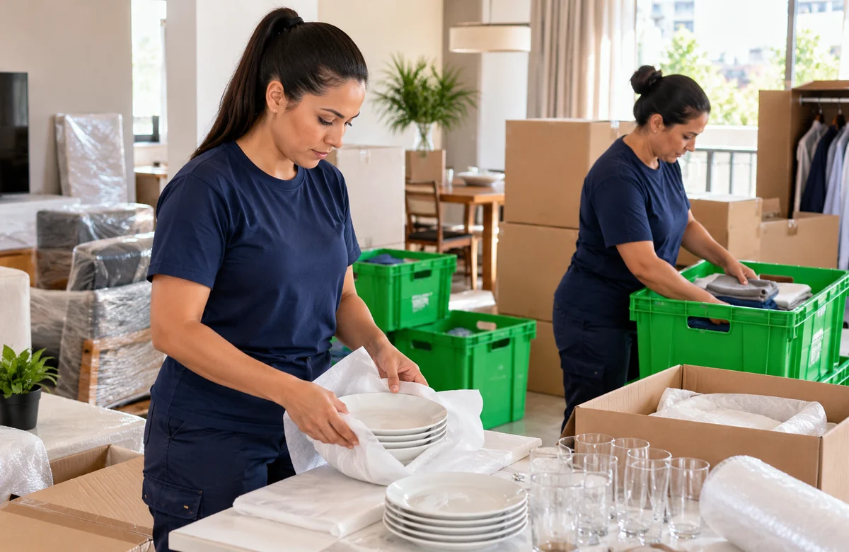 Profissional realizando encaixotamento com caixas reutilizáveis